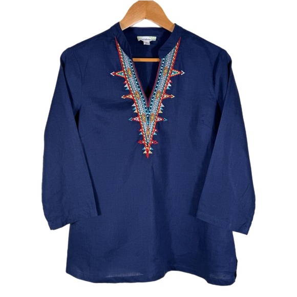 Nurture Tops - Nurture Woman’s 100% Linen Embroidered V-Neck Tunic M Aztec Southwestern Navy